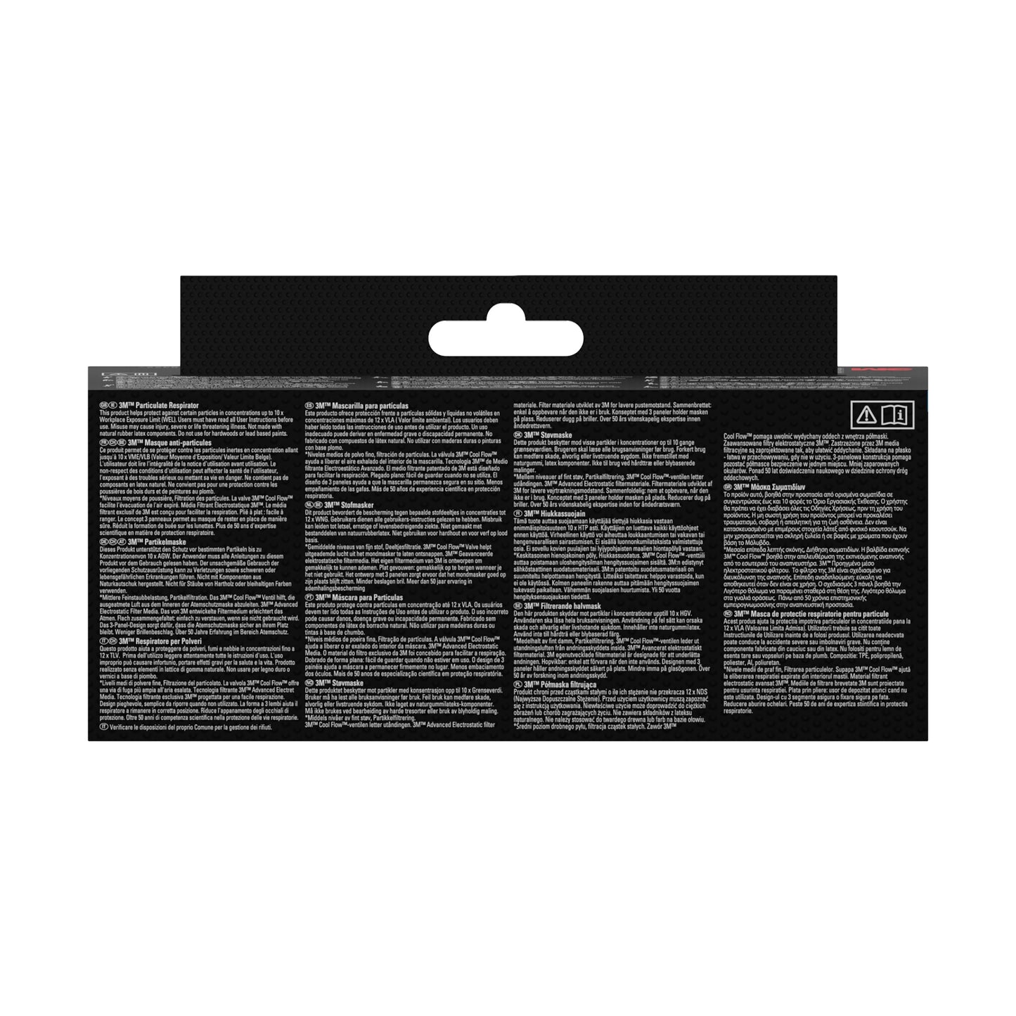 Die Abbildung zeigt die Rückseite einer 3M™ Aura™ Komfort-Partikelmaske 9320+ FFP2 (ohne Ventil, 5er Packung) der 3M Deutschland GmbH mit mehrsprachigen Sicherheits- und Anwendungshinweisen mit weißen Warnsymbolen auf schwarzem Hintergrund.