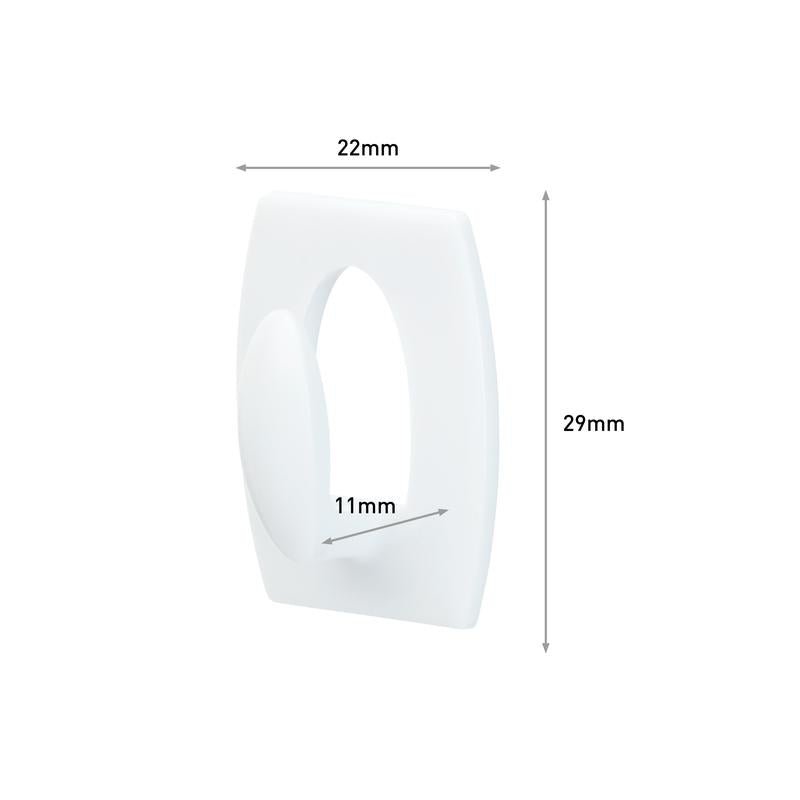 The Command™ Mini Hook, 17006 from 3M Deutschland GmbH, is a white rectangular hook (22x29mm) with rounded edges and an 11mm inner oval. Arrows indicate the dimensions. Ideal for hanging without drilling and removable without residue.