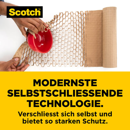 A person wraps a red bowl, a delicate item, in Scotch™ Cushion Lock™ protective packaging (30.4 cm x 9.14 m) from 3M Deutschland GmbH. Below is a text about the self-closing technology and strong protection; the Scotch logo is at the top left.