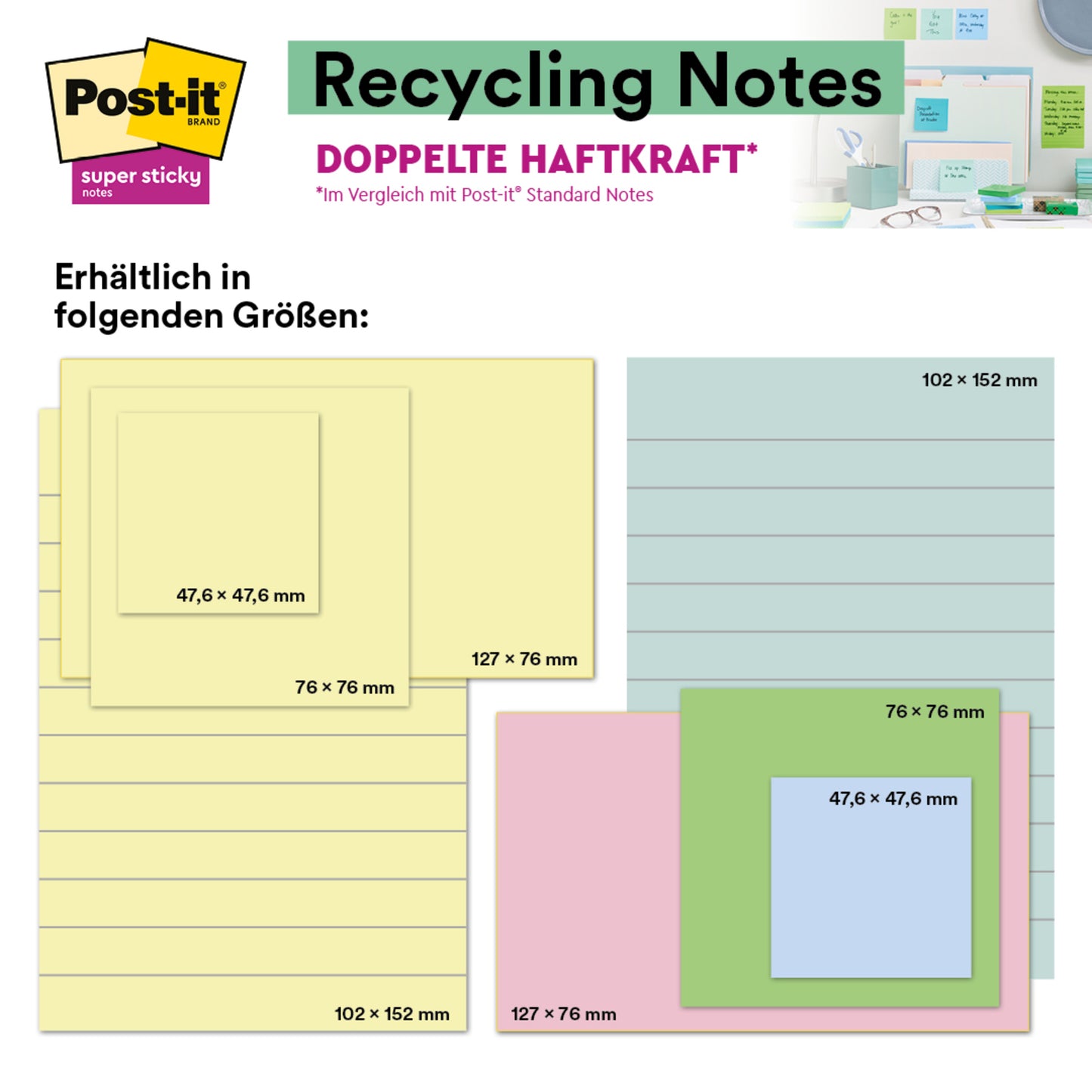 Die Post-it® Super Sticky 100% Recycling Notes, Gelb, liniert, 102 x 152 mm (45 Blatt/Block, 4 Blöcke/Packung), PEFC-zertifiziert (SGSCH-PEFC-COC-110078) der 3M Deutschland GmbH sind auf einer Karte abgebildet, mit Abmessungen in Deutsch und Englisch.