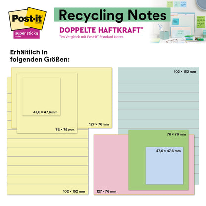Die Post-it® Super Sticky 100% Recycling Notes, Gelb, liniert, 102 x 152 mm (45 Blatt/Block, 4 Blöcke/Packung), PEFC-zertifiziert (SGSCH-PEFC-COC-110078) der 3M Deutschland GmbH sind auf einer Karte abgebildet, mit Abmessungen in Deutsch und Englisch.