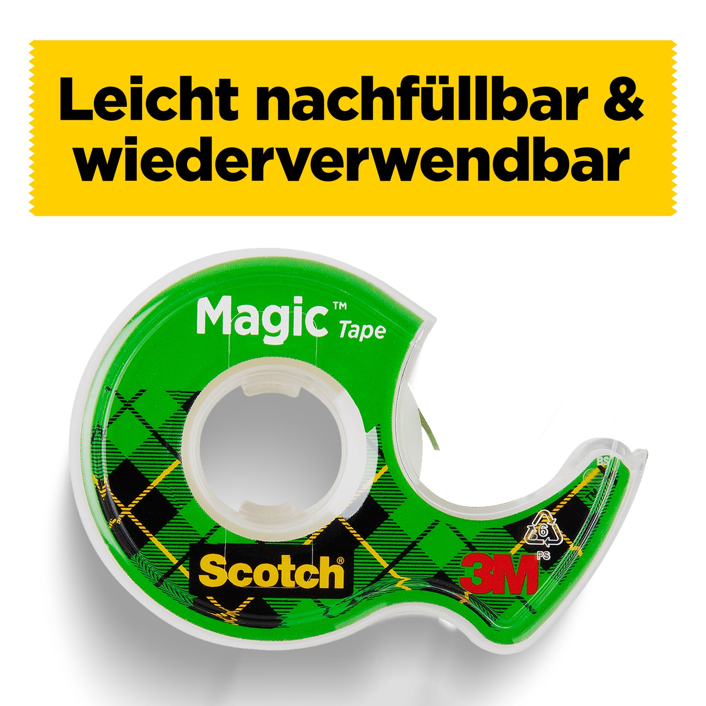 Ein grüner Scotch® Magic™ Handabroller der 3M Deutschland GmbH mit kariertem Design hält unsichtbares Klebeband. Auf einem gelben Banner darüber steht: "Leicht nachfüllbar & wiederverwendbar". Enthält 3 Rollen (19 mm x 25 m) + 1 GRATIS.