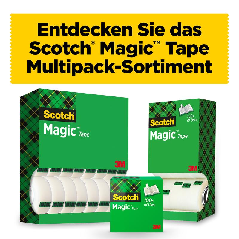Pictured is a pack with 24 rolls of Scotch® Magic™ Invisible Tape (19 mm x 33 m) from 3M Deutschland GmbH. The green plaid packaging and the yellow value pack sign indicate the practical multipack.