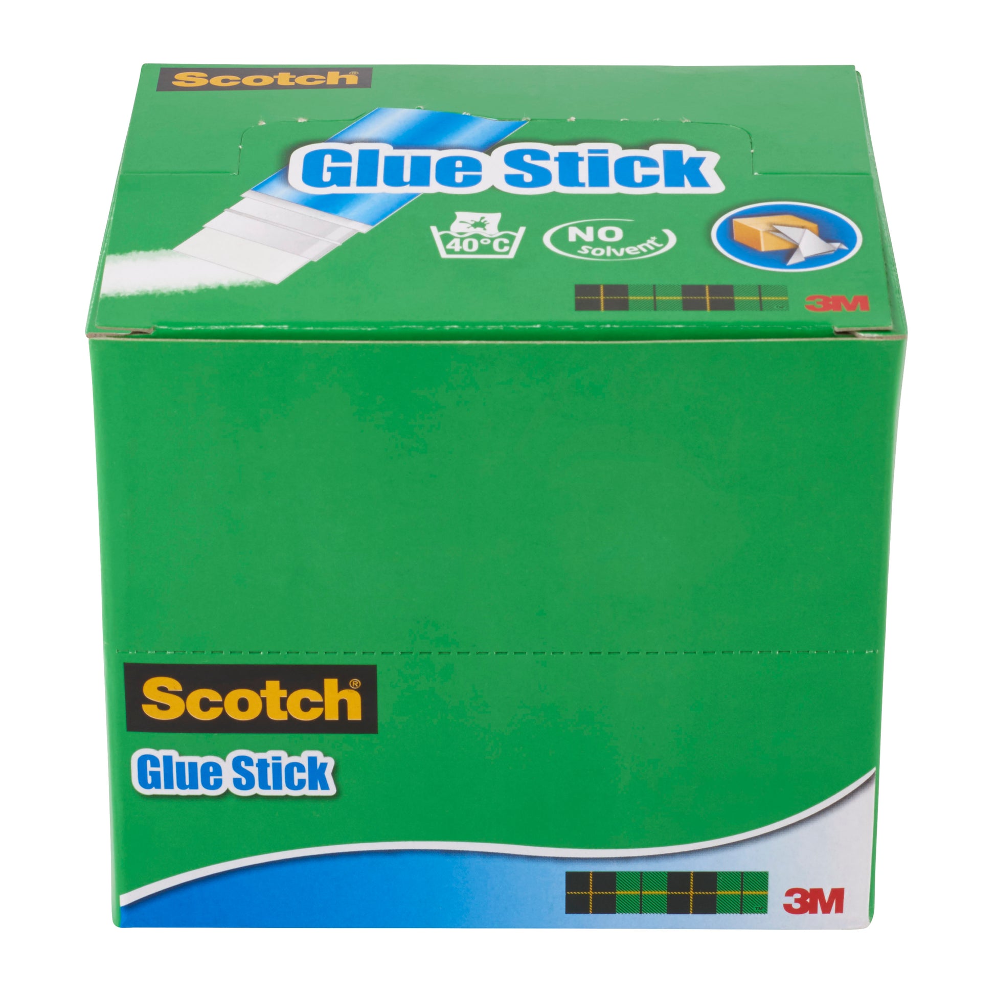 Eine grüne Schachtel mit der Aufschrift "Scotch® Permanent-Klebestift, Aufsteller mit 30 Stiften, 8 g" der 3M Deutschland GmbH zeigt das Scotch- und das 3M-Logo, die Abbildung eines 8-g-Stifts sowie Symbole für "No Solvent" und eine Temperaturangabe von 40°C.