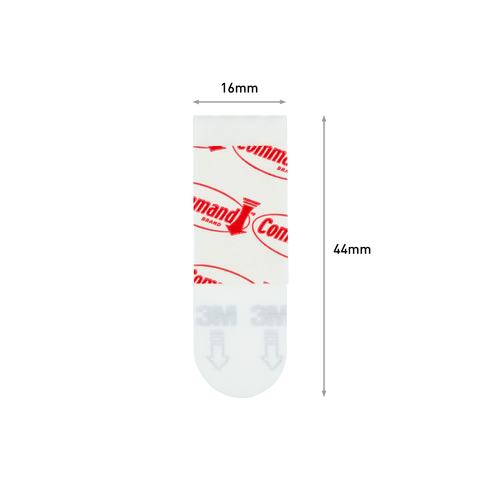 Ein einzelner Command™ Poster-Strip 17024 von 3M Deutschland GmbH ist senkrecht abgebildet (16mm x 44mm); die Oberseite ist mit rotem Branding versehen, die Unterseite ist durchscheinend mit grauem "3M"-Text - ideal zum rückstandsfreien Befestigen von Postern.