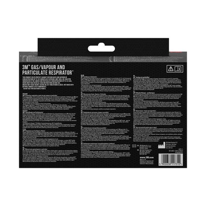The image shows the back of a package of 3M Deutschland GmbH 3M™ Particulate Filter 2135, P3, 1 pair/pack with product details, instructions, warnings, and a barcode in multiple languages on a black package.