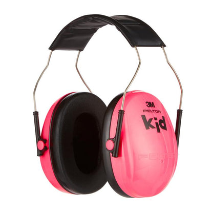 3M™ PELTOR™ earmuff for children by 3M Deutschland GmbH: Pink earmuffs with black foam cushions and a padded headband, specifically designed for hearing protection in children.