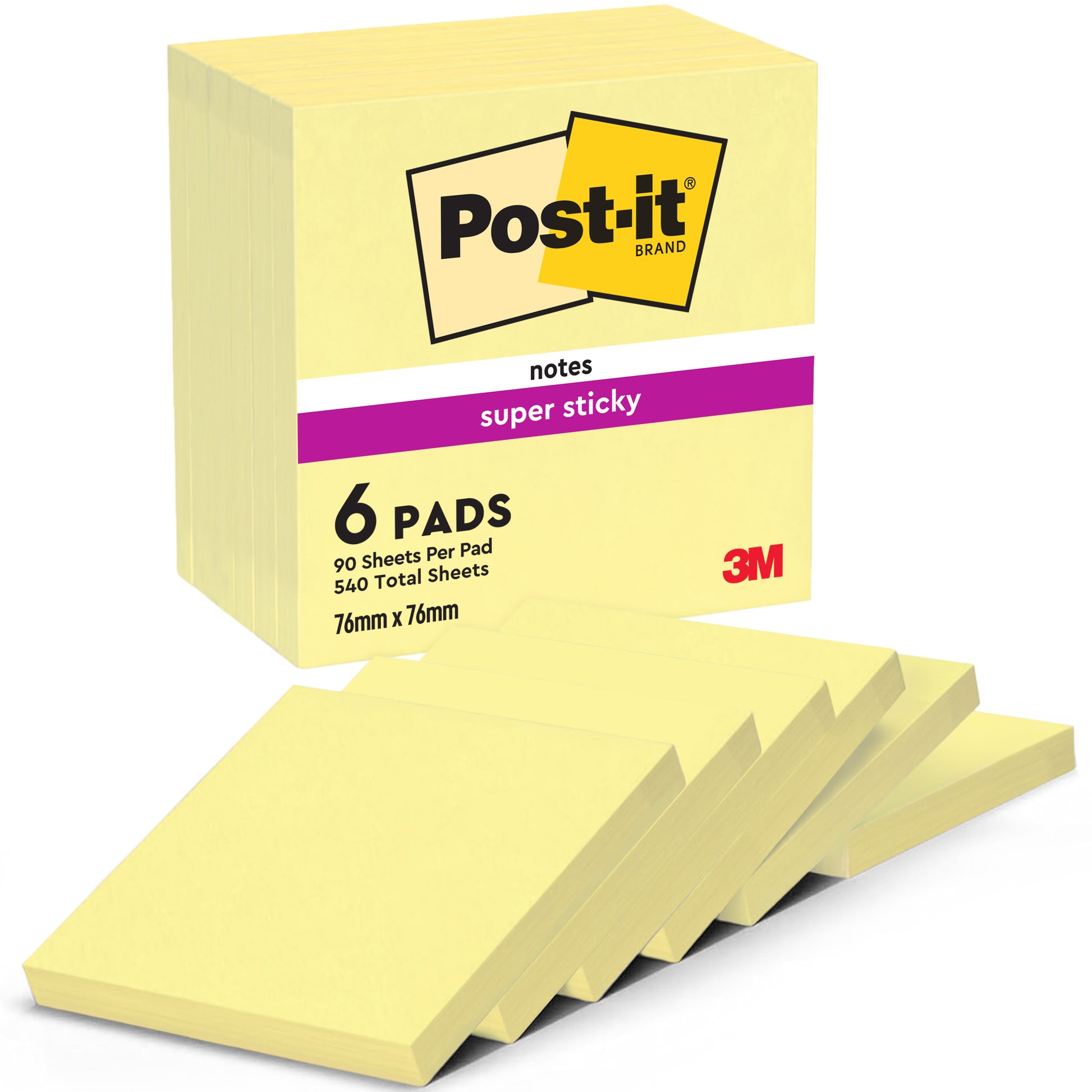 Eine Packung Post-it® Super Sticky Notes der 3M Deutschland GmbH enthält sechs Blöcke (76 mm x 76 mm, je 90 Blatt, 100% PEFC).