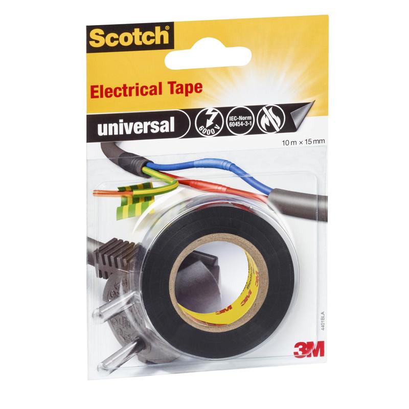 A package of Scotch® universal insulating tape (10 m x 15 mm, 1 roll) from 3M Deutschland GmbH shows a black roll of tape and an image of wires wrapped with tape on a yellow-red package with product information.