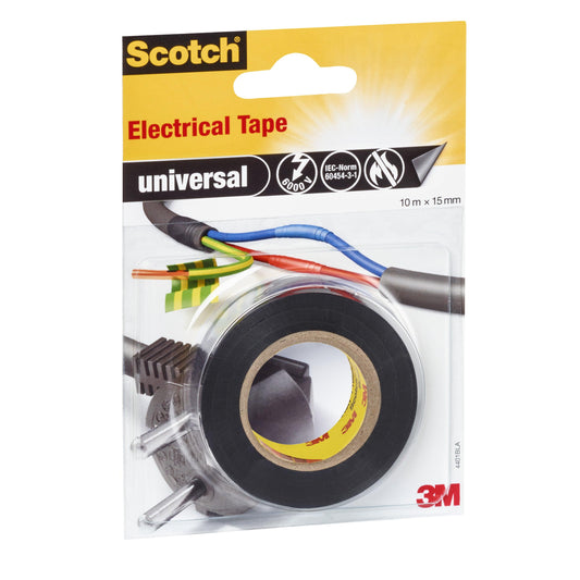 Eine Verpackung von Scotch® Isolierband universal (10 m x 15 mm, 1 Rolle) der 3M Deutschland GmbH zeigt eine schwarze Klebebandrolle und eine Abbildung von mit Klebeband umwickelten Drähten auf einer gelb-roten Verpackung mit Produktangaben.