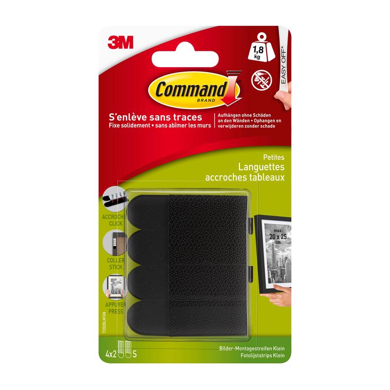 A pack of 3M Deutschland GmbH Command™ Picture Hanging Strips S, small, black (17202BLK) for nail-free hanging of pictures, supports up to 1.8 kg; the packaging in German and French shows a sample photo frame on a wall.