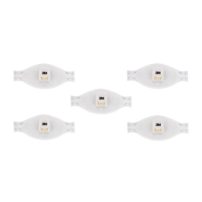 Five identical 3M™ Aura™ Comfort Cool Flow™ Particulate Respirators 9322+, FFP2, with valve from 3M Deutschland GmbH are evenly distributed on a white background, each bearing the central 3M logo and the product number.