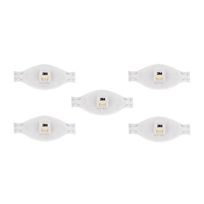 Five identical 3M™ Aura™ Comfort Cool Flow™ Particulate Respirators 9322+, FFP2, with valve from 3M Deutschland GmbH are evenly distributed on a white background, each bearing the central 3M logo and the product number.