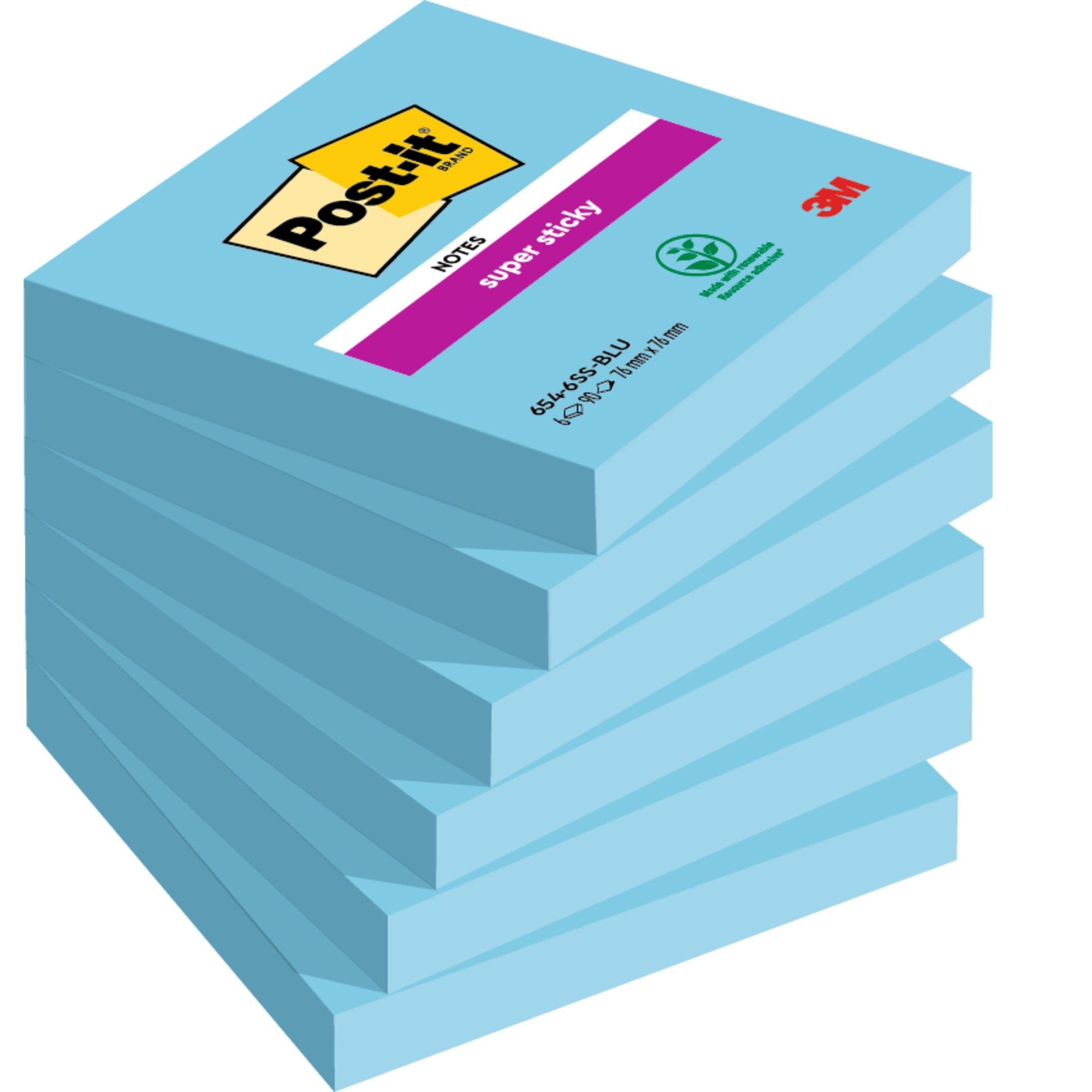 Ein Stapel von sechs blauen 3M Post-it® Super Sticky Notes Blöcken (76 mm x 76 mm, 90 Blatt/Block, 100% PEFC) zeigt die Produkt- und Markeninformationen auf jedem Block.