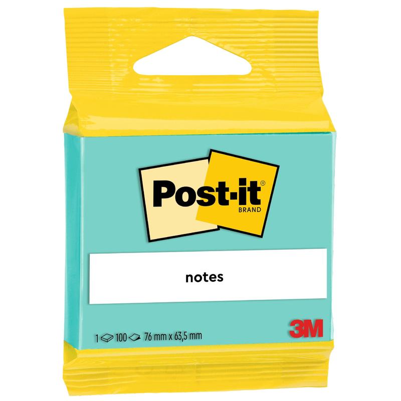 A pack of 3M Post-it® Notes (63.5 mm x 76 mm, 100 sheets/block, 100% PEFC) from 3M Deutschland GmbH features a yellow top, a turquoise body, the Post-it logo, "Notes" and product information such as size and quantity.