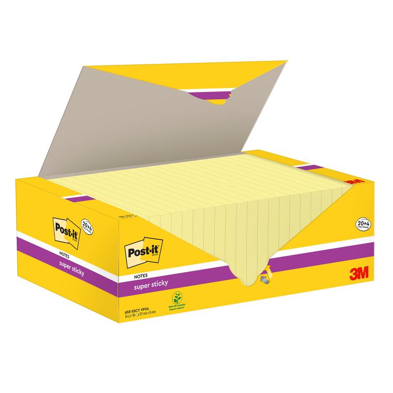 An opened box of 3M Deutschland GmbH Post-it® Super Sticky Notes, Yellow, 76 mm x 127 mm, contains several yellow blocks (90 sheets/block, 24 blocks/pack), with product labeling and information on the PEFC-certified box.