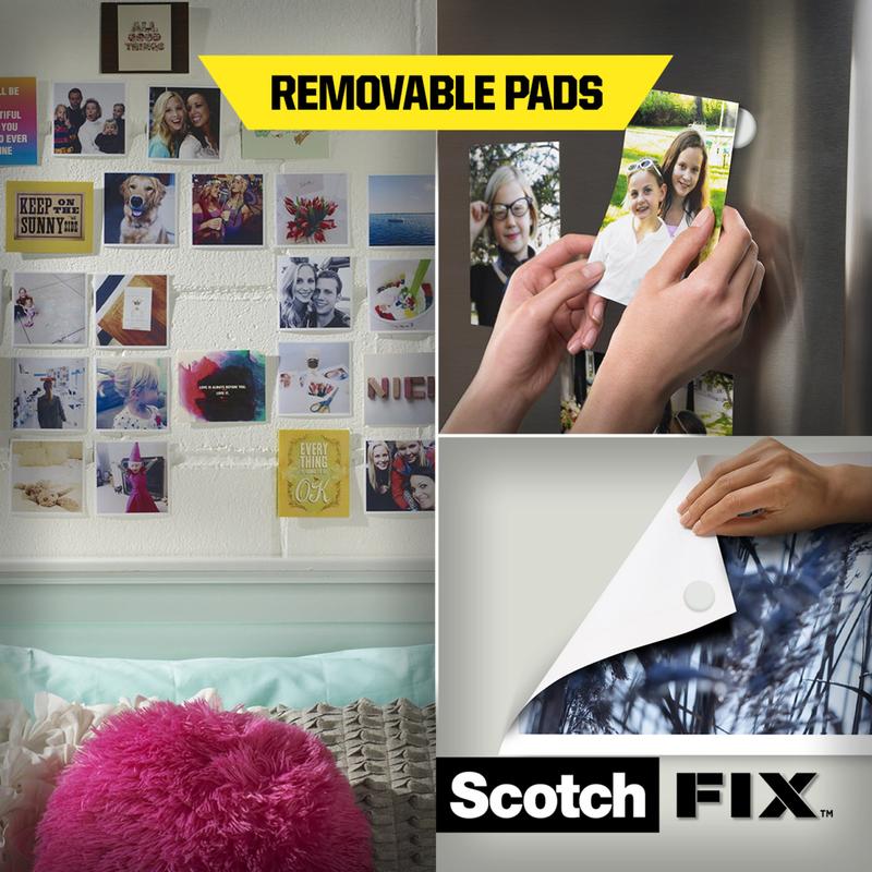 A collage shows photos on a wall and a refrigerator, fastened with Scotch-FIX™ Removable Adhesive Pads 301008C36-P (11x15 mm, 36 pieces) from 3M Deutschland GmbH. One photo is being peeled off, below a close-up of the logo and the adhesive pad.