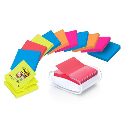 A curved row of colorful sticky note pads and a black Post-it® Z-Notes Dispenser with yellow Super Sticky Z-Notes (76x76 mm, 90 sheets) from 3M Deutschland GmbH are shown.