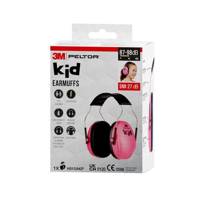 Pictured is a box with 3M™ PELTOR™ earmuff for children (SNR 27 dB) by 3M Deutschland GmbH. The predominantly white and pink packaging shows the earmuff and a child wearing it.