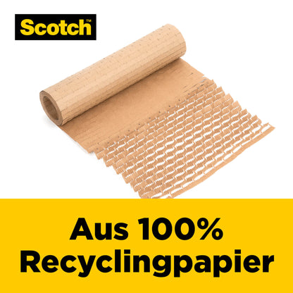 A partially unrolled Scotch™ Cushion Lock™ protective packaging (30.4 cm x 9.14 m, 1 roll) from 3M Deutschland GmbH is pictured on a white background with "Made from 100% recycled paper" for delicate items on a yellow label.