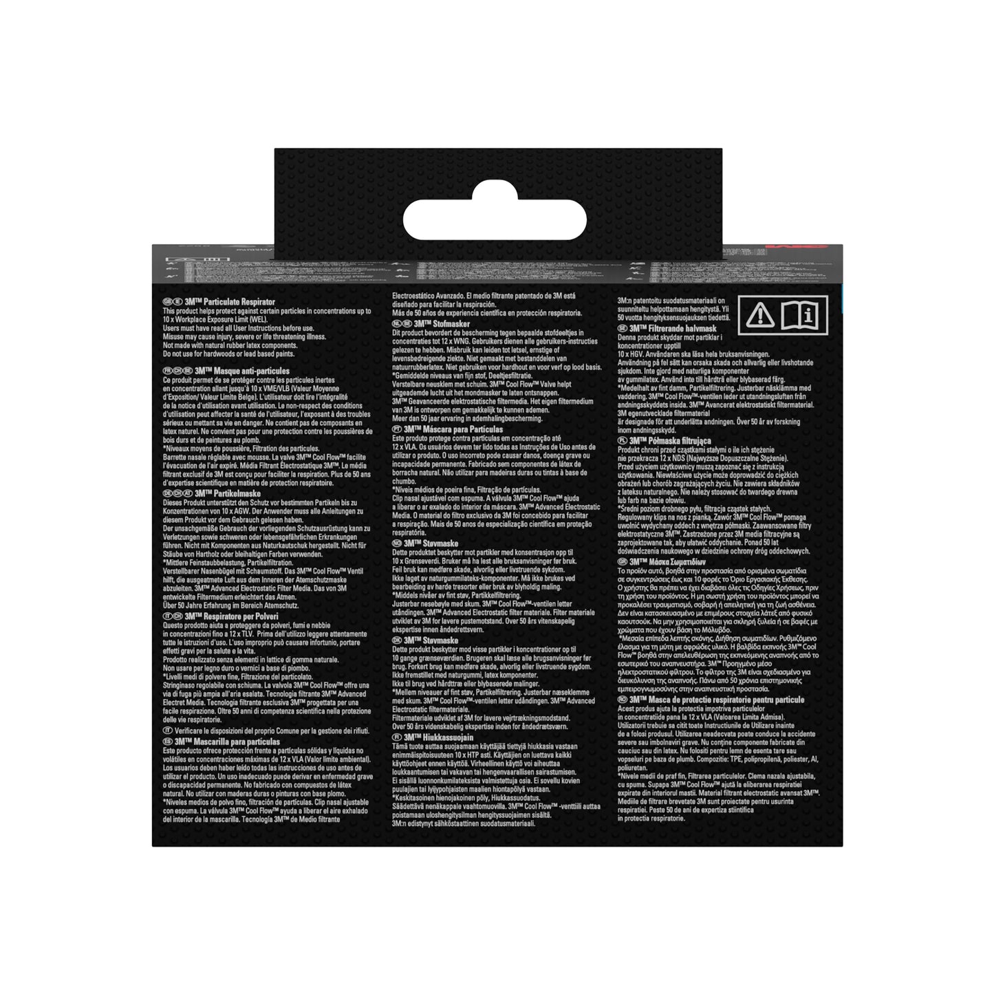 The back of the 3M™ Cool Flow™ Particulate Respirator 8812, FFP1, with valve (3-pack) from 3M Deutschland GmbH shows multilingual instructions and warnings in white on black, with two symbols at the top right.