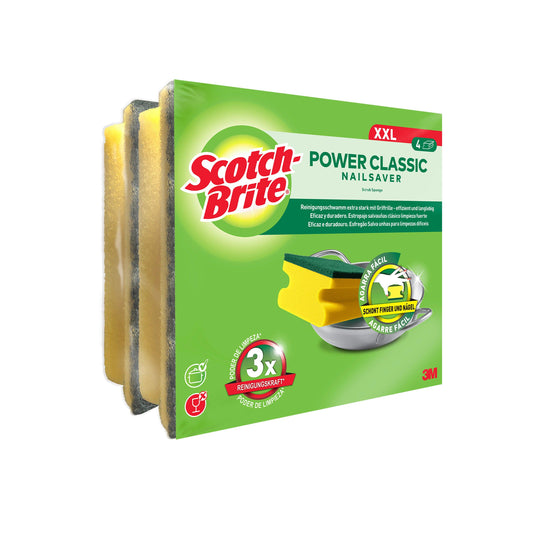 Eine Packung mit 4 Scotch-Brite® Classic Griffschwamm XXL von 3M Deutschland GmbH, abgebildet auf weißem Hintergrund mit sichtbaren Produktangaben auf der Verpackung.