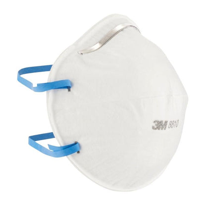 The 3M™ Particulate Respirator 8810, FFP2, without valve (3-pack) from 3M Deutschland GmbH is a white disposable respirator with a metal nose clip and blue elastic bands for reliable respiratory protection.