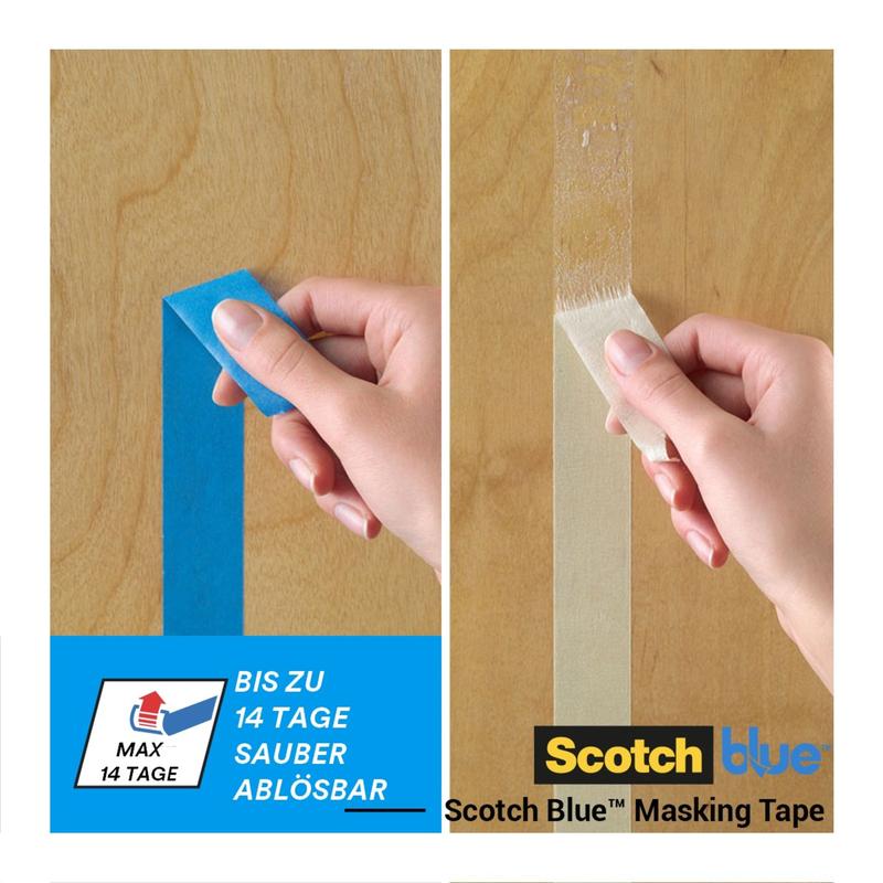 A hand peels ScotchBlue™ Painter's Tape "Multi-Surface" by 3M Deutschland GmbH from wood (left) and a beige tape (right). ScotchBlue™ leaves no residue, while the beige tape leaves white residue. Text and logos are shown below.
