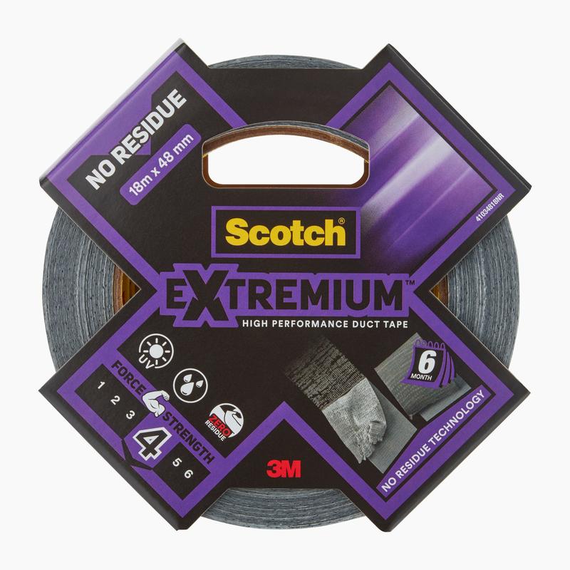 A roll of 3M Scotch® Extremium™ No Residue High Performance Duct Tape, 18.2 m x 48 mm, in packaging from 3M Deutschland GmbH, known for strong hold and advanced 6-month residue-free technology.
