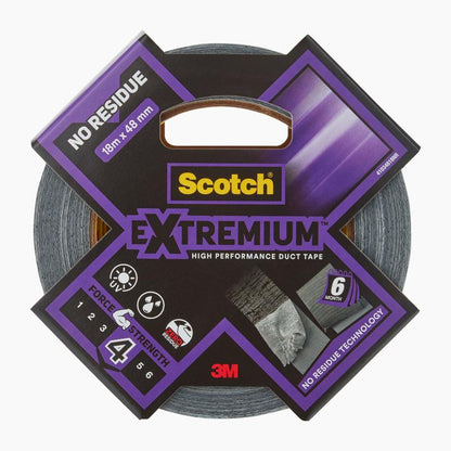 A roll of 3M Scotch® Extremium™ No Residue High Performance Duct Tape, 18.2 m x 48 mm, in packaging from 3M Deutschland GmbH, known for strong hold and advanced 6-month residue-free technology.