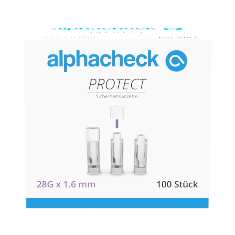 A box with the inscription "alphacheck PROTECT" from Berger Med GmbH contains 100 Alphacheck PROTECT safety lancets (28G x 1.6 mm) for painless blood collection. The front shows three lancets with text in German and English.