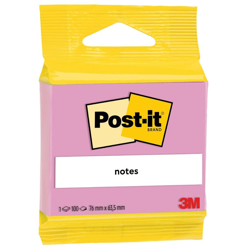 A pack of 3M Post-it® Notes (63.5 x 76 mm, 100 sheets) from 3M Deutschland GmbH, 100% PEFC-certified, with a yellow top, pink front, "notes" and "sticky notes" on the label, and the red 3M logo at the bottom right.