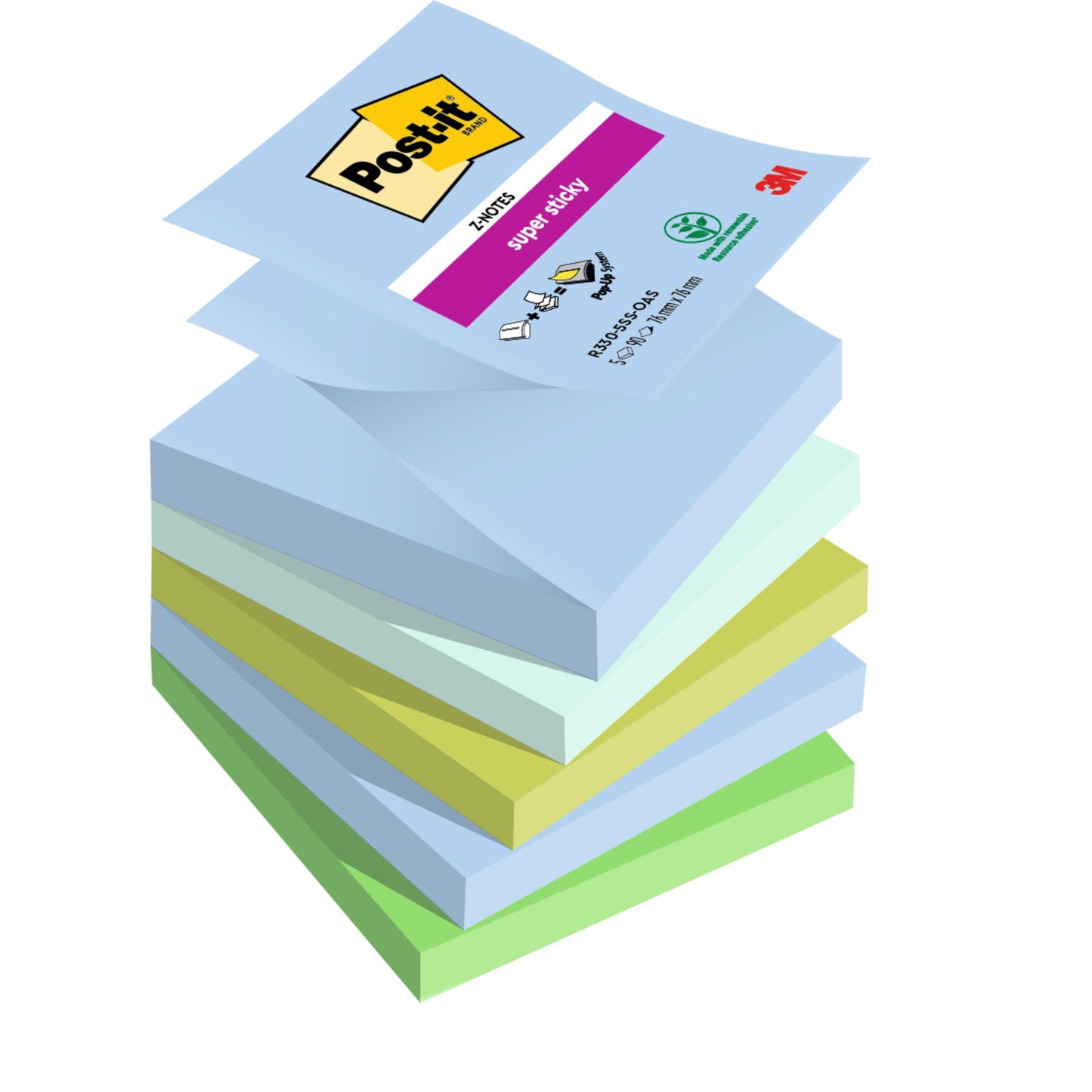 Ein Stapel pastellfarbener Post-it® Super Sticky Z-Notes, Boost Collection (76x76mm, 90 Blatt/Block, 100% PEFC), von 3M Deutschland GmbH, zeichnet sich durch starken Klebstoff und zertifizierte Nachhaltigkeit aus.