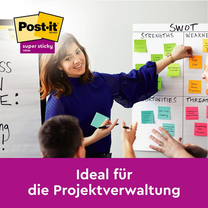 A woman leads a meeting with 3M Post-it® Super Sticky Notes in large format, pink, lined (101 x 152 mm), on a SWOT board. Ideal for project management. 1 block (45 sheets), 100% PEFC certified.