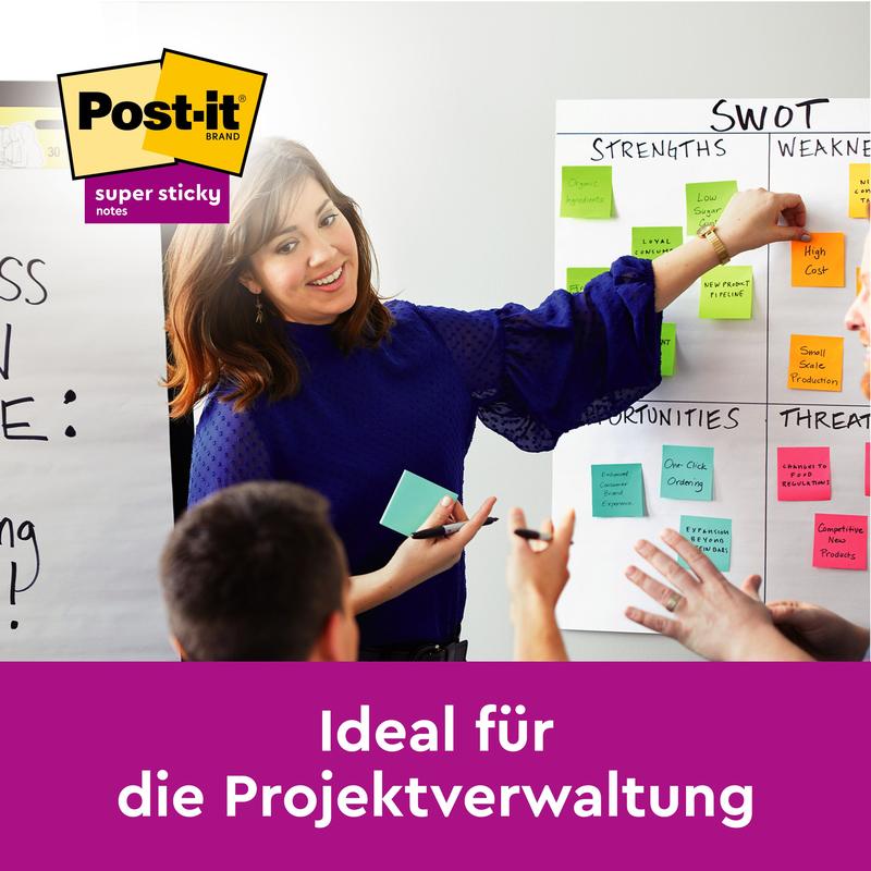 A woman leads a meeting, pointing to a SWOT analysis with colorful Post-it® Super Sticky Notes (76x76 mm, 45 sheets/pad, 3 pads/pack) from 3M Deutschland GmbH - ideal for project management.