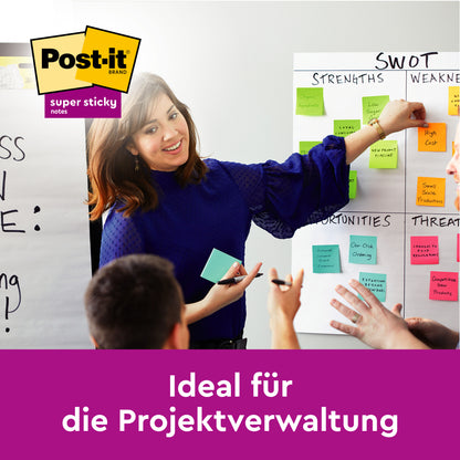 Eine Frau in blauer Bluse leitet eine Teambesprechung mit gelben Post-it® Super Sticky Notes Würfel (76 mm x 76 mm) von 3M Deutschland GmbH auf Charts, einschließlich einer sichtbaren SWOT-Analyse, mit "Ideal für die Projektverwaltung" am unteren Rand.