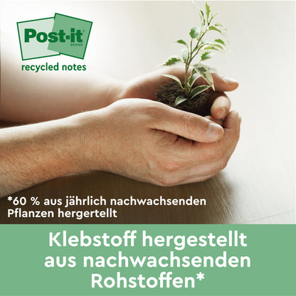 A pair of hands holds a seedling with soil. German text advertises Post-it® Super Sticky 100% Recycled Notes (47.6 x 47.6 mm, 70 sheets/block, 100% PEFC) from 3M Deutschland GmbH. A green table is seen in the background.