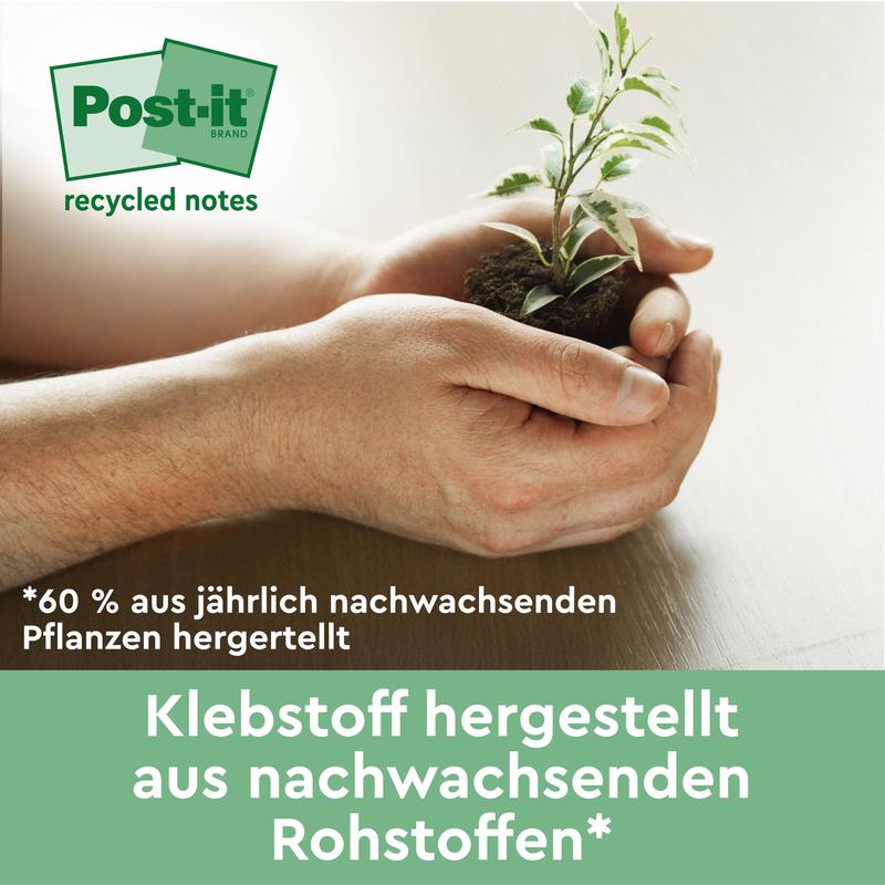 A person holds a small plant in their hands. The text promotes Post-it® Super Sticky 100% Recycling Notes (76x76 mm, 70 sheets) from 3M Deutschland GmbH, made from PEFC-certified materials for eco-friendly note-taking.