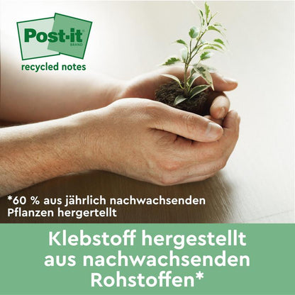 A person holds a small plant in their hands. The text promotes Post-it® Super Sticky 100% Recycling Notes (76x76 mm, 70 sheets) from 3M Deutschland GmbH, made from PEFC-certified materials for eco-friendly note-taking.
