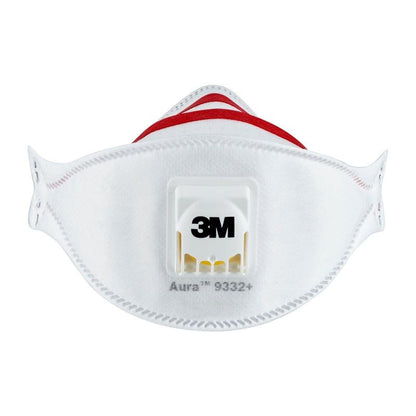 Front view of the 3M™ Aura™ Comfort Cool Flow™ Particulate Respirator 9332+, FFP3, from 3M Deutschland GmbH, with central valve, visible seams, red bands, and printed brand and model information.