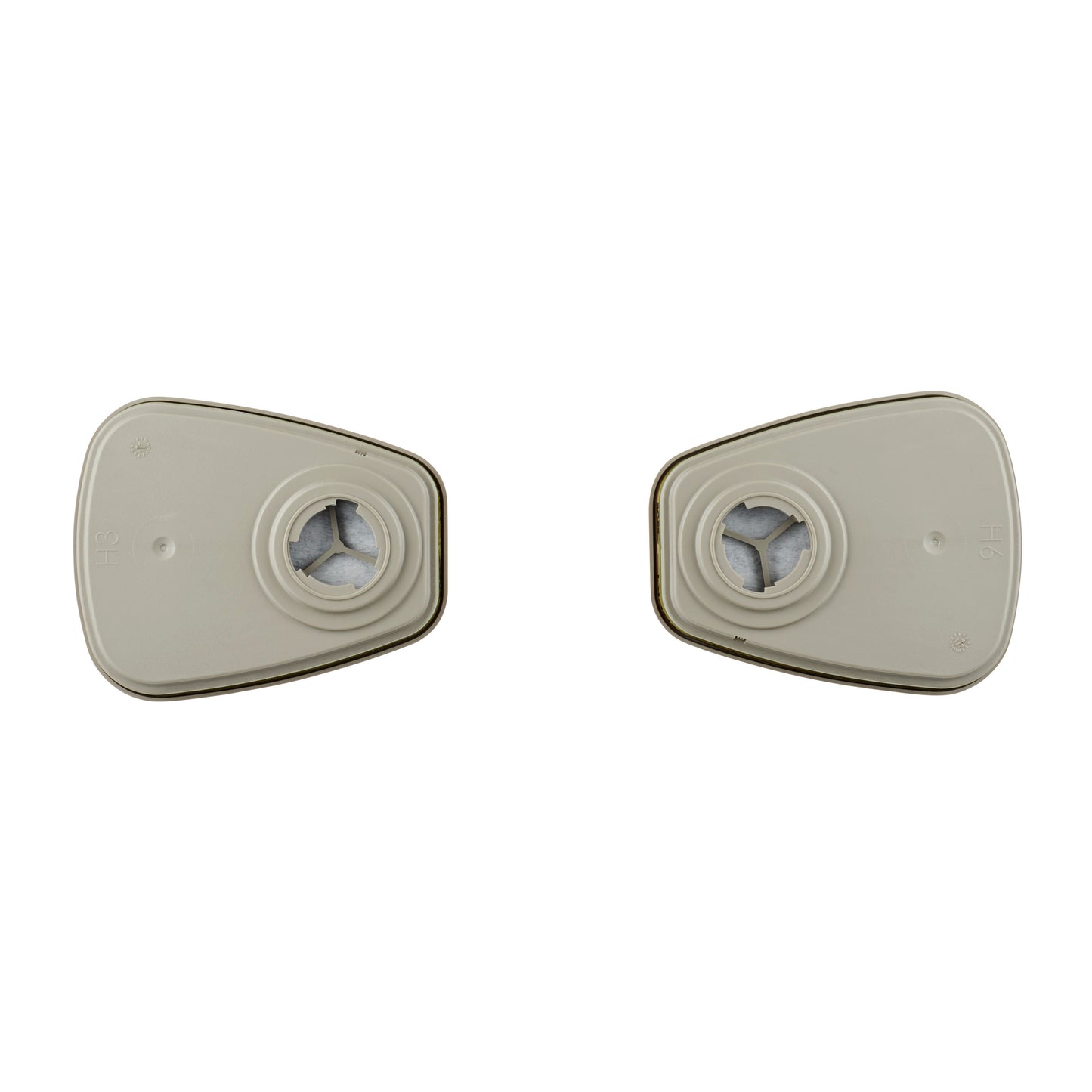 Zwei identische 3M™ Filterpatrone 6059 ABEK1-Kombinationsfilterpatronen (1 Paar/Packung, 3M Deutschland GmbH) mit zentralen kreisförmigen Öffnungen sind nebeneinander auf weißem Hintergrund abgebildet, geeignet für Atemschutzmasken.