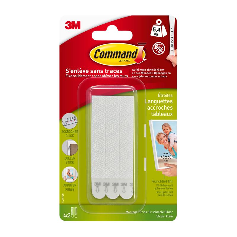 A retail package of 3M Deutschland GmbH Narrow Command™ Picture Hanging Strips (M) 17207, holds up to 5.4 kg, contains four white pairs for narrow picture hangings and instructions in German and French.