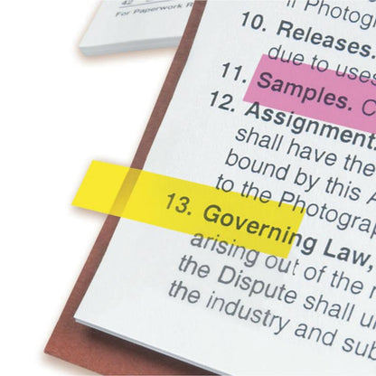 A close-up of the document shows pink and yellow 3M Deutschland GmbH Post-it® Index Tabs, Mini (11.9 x 43.2 mm), with the inscription "Sample" (Section 11) and "Applicable Law" (Section 13); another document appears in the background.