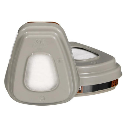 Pictured are two gray 3M™ Filter Set 6002-1SP, A2P2 organic vapors from 3M Deutschland GmbH with central white filter window and clear markings. Ideal protection against organic vapors. Package contains 2x6055, 2x5925, 2x501.