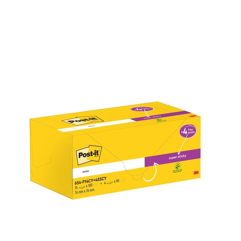 A yellow package of 3M Post-it® Notes (76x76mm, 14 pads, each 100 sheets) plus 4 free Super Sticky Notes pads (each 90 sheets). The packaging highlights the promotion and displays the Post-it® logo. 100% PEFC-certified.