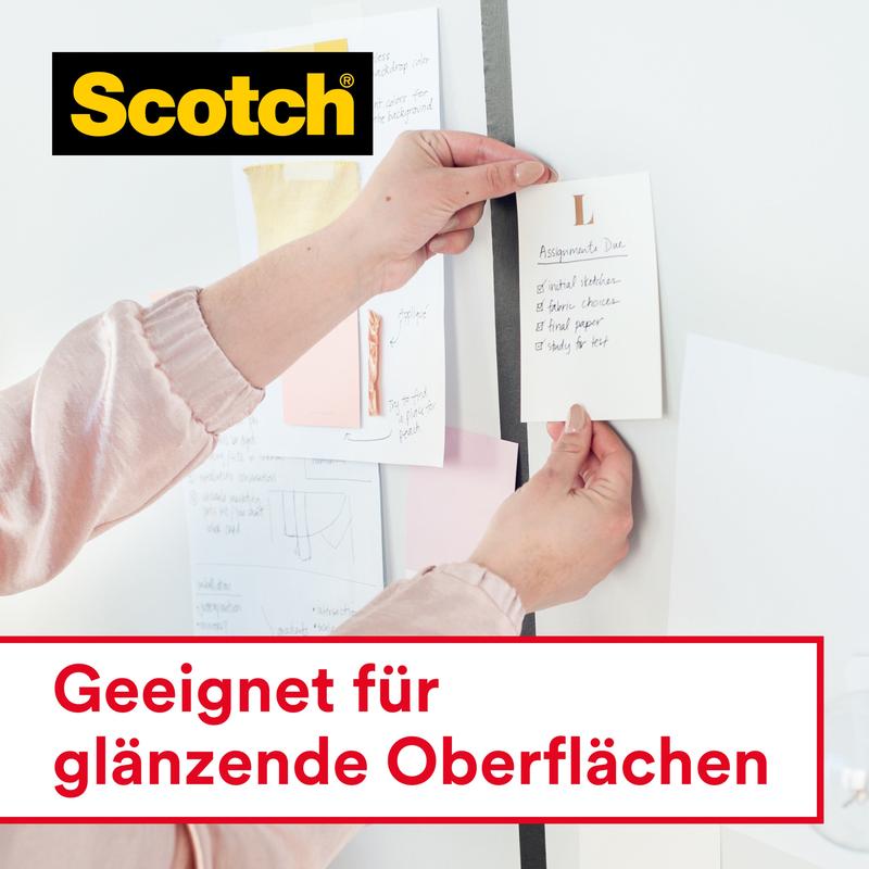 A person attaches a note with various papers to a wall with 3M Deutschland GmbH Scotch® Crystal Tape, transparent, value pack (8 rolls, 19 mm x 33 m). Text: "Suitable for glossy surfaces".