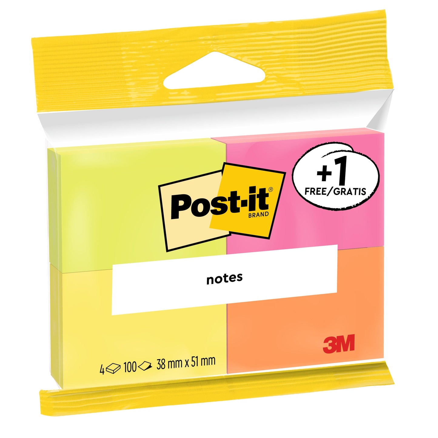 Eine Packung 3M Post-it® Notes (38 mm x 51 mm) mit 4 PEFC-zertifizierten neonfarbenen Blöcken (gelb, rosa, grün, orange), "+1 Gratis", 100 Blatt pro Block. Mit Post-it-Logo und SGSCH-PEFC-COC-110078-Zertifizierung auf der Verpackung.