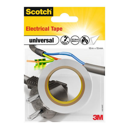 A pack of Scotch® universal insulating tape from 3M Deutschland GmbH, 1 roll (10 m x 15 mm), depicted with a roll of tape, electrical wires, and a plug on the label.
