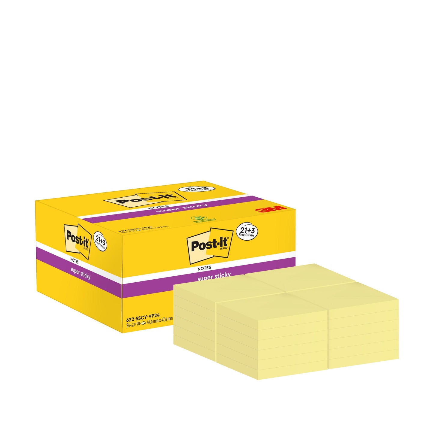 A yellow box of Post-it® Super Sticky Notes, Yellow, 47.6 x 47.6 mm from 3M Deutschland GmbH, contains 21 blocks plus 3 free blocks with 90 sheets each. Made from 100% PEFC-certified paper for extra sticking power (SGSCH-PEFC-COC-110078).