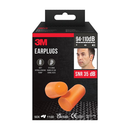 A black box from 3M Deutschland GmbH for the 3M™ Earplugs 1100 shows two orange foam plugs, the inscriptions "SNR value 35 dB", "94-110dB", "50X" and a photo of a man wearing an earplug.